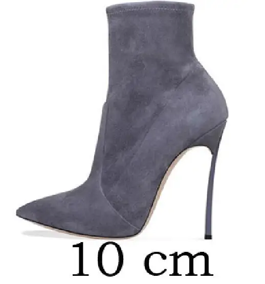 Г. Зимние женские ботинки из флока на тонком высоком каблуке с мехом, модные пикантные ботильоны женская обувь на высоком каблуке 10 см/12 см - Цвет: gray 10 cm