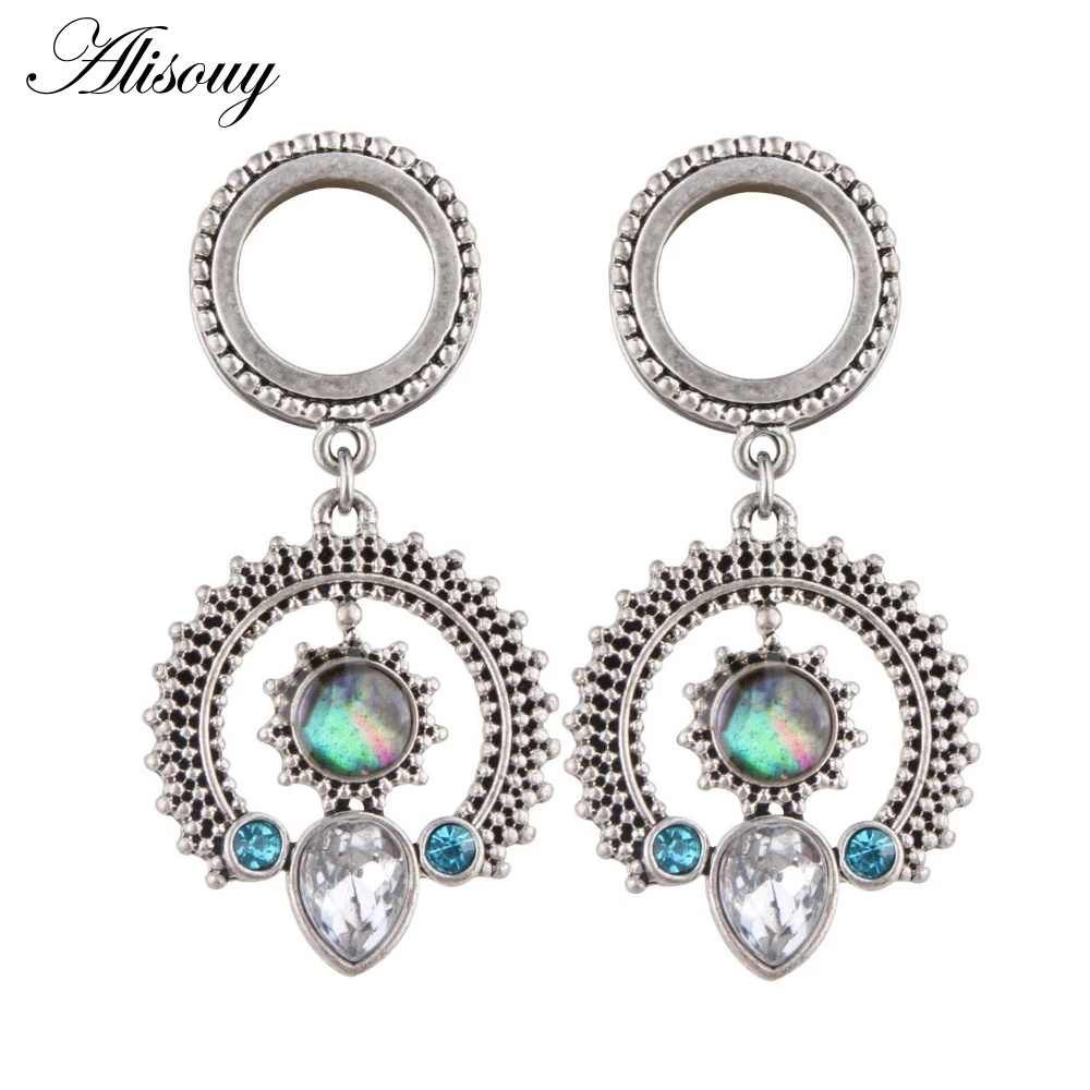 BOKABOO 2Pcs Gold Saddle Plugs With Cute Flower Crystals Dangle Gauges For Wedding, Surgical Steel Size 2g - 1 Inch Ear Plugs Tunnels
