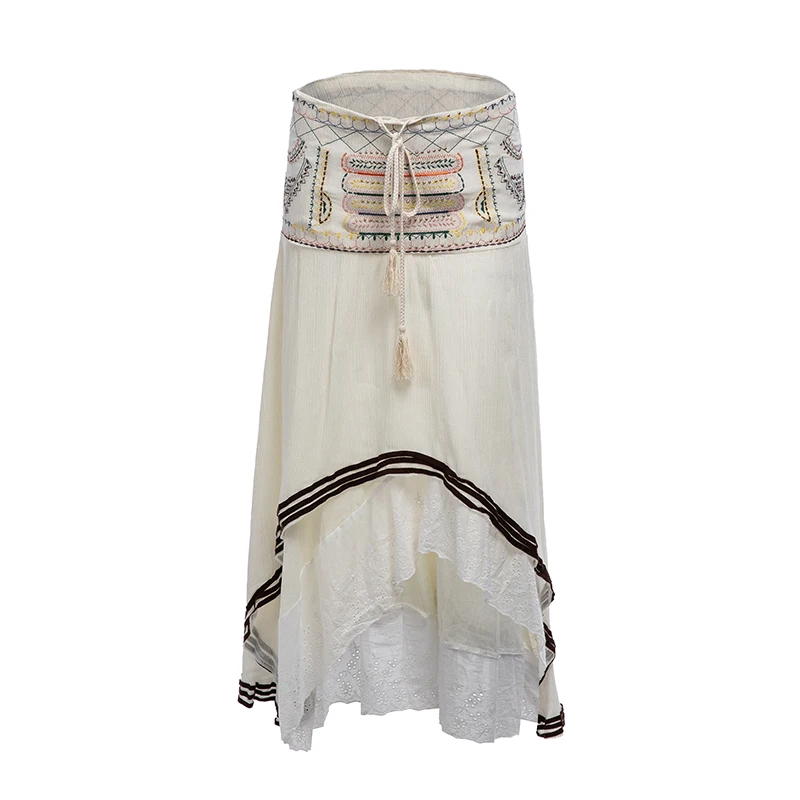 Everkaki Bohemian Cotton Embroidery Women Gypsy Ladies Skirts Lace Up Beach National Long Skirts Female Casual Skirts 2018 (2)