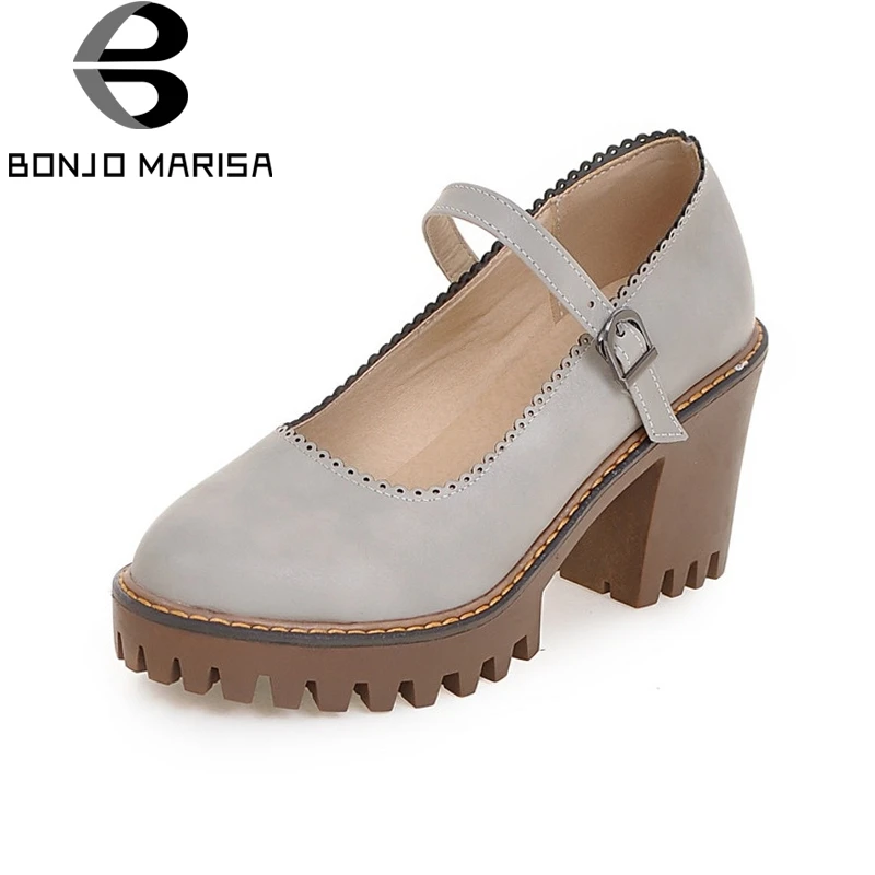 

BONJOMARISA New woman's Square Med Heels Ankle Strap Solid Platform Shoes Woman Spring Autumn Casual Pumps Black Big Size 34-43