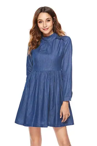 Zqlz Spring Autumn Denim Dress Women Turtleneck Long Sleeve Solid Slim A-line Jeans Dresses Casual Robe Femme Vestidos