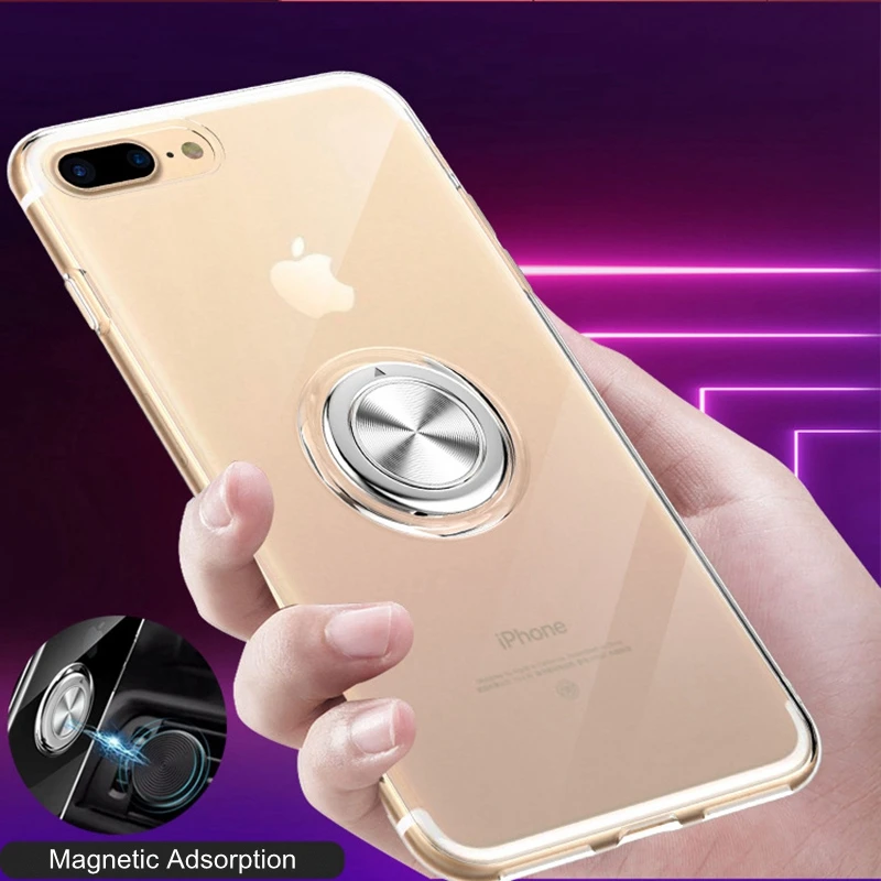 

10pcs New Metal Ring Stand Transparent Phone Case Cover With Magnetic Adsorption 360 Rotation Ring Holder Phone Cover for iPhone