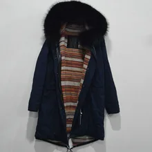 Новая модная Длинная женская куртка с хлопковой подкладкой, меховая парка с капюшоном из меха енота