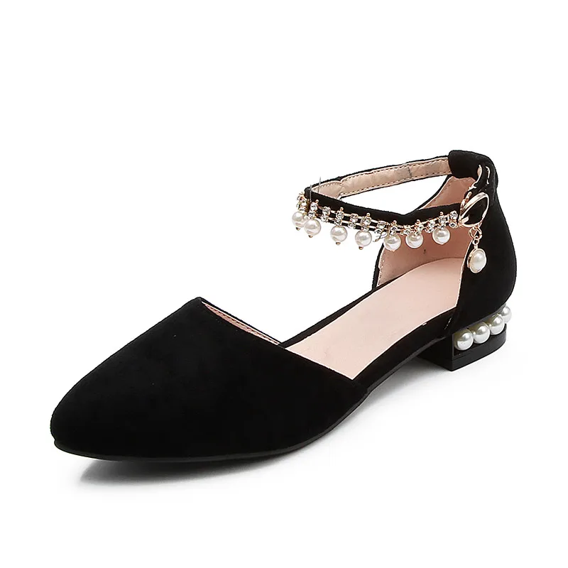 YMECHIC/летние туфли-лодочки на низком каблуке с ремешком и пряжкой на щиколотке, Украшенные бусинами и кисточками; цвет розовый, черный, белый; женская офисная обувь для свадебной вечеринки; - Цвет: Черный