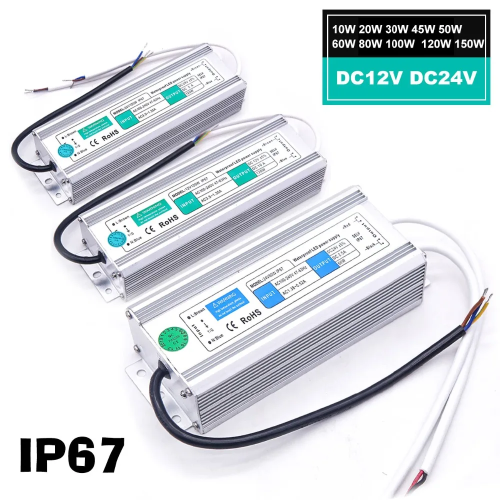 Водонепроницаемый IP67 Светодиодный драйвер DC 12V 24V трансформатор освещения 10W 20W 30W 50W 80W 100W 120W 150W источник питания для светодиодной ленты
