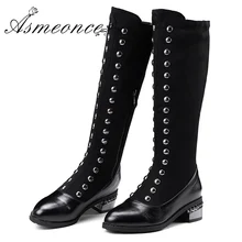 Женские сапоги до колена; женская кожаная обувь с заклепками в готическом стиле; высокие сапоги martin; зимние теплые пикантные черные сапоги на заказ; большие размеры