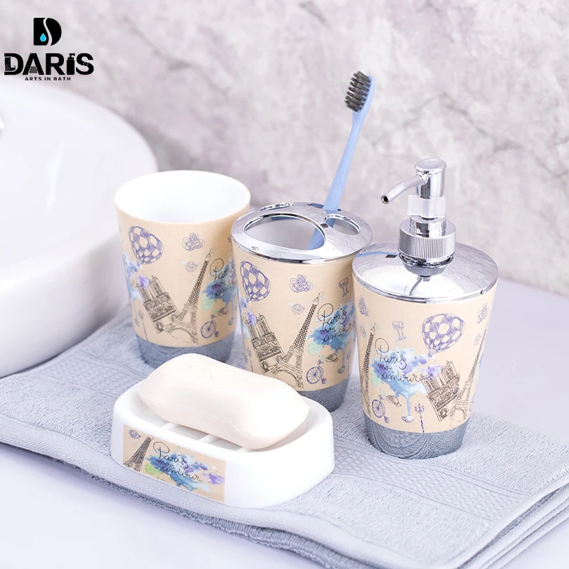 Günstig SDARISB 100% Kunststoff Bad Zubehör set 4 Stücke Badeset Geschenk Inlcude Zahnbürstenhalter Set Tumbler Seifenschale Seifenspender