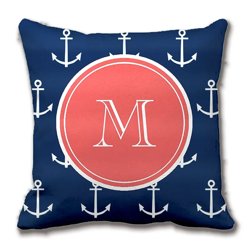 

Navy Blue White Anchors Pattern, Coral Monogram Decorative Throw Pillow Case Decorative Cushion Cover Customize Gift By Lvsure