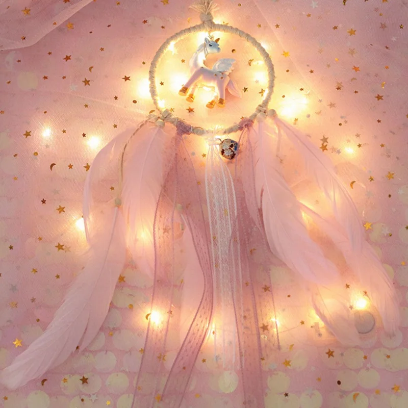 

Cute Unicorn Dream Catcher Diy Handicraft Ornaments Wind Chime Forest Small Fresh Girl Heart Feather Decoration Dream Net Light