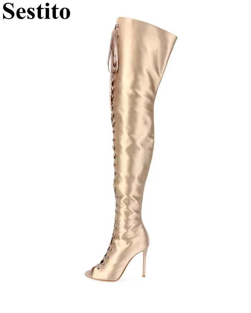 

Fashion Gold Hollow Cross-tied Spring Casual Boots Peep Toe Thin Heels Over-the-Knee Boots For Women Zip Catwalk New Women Shoes
