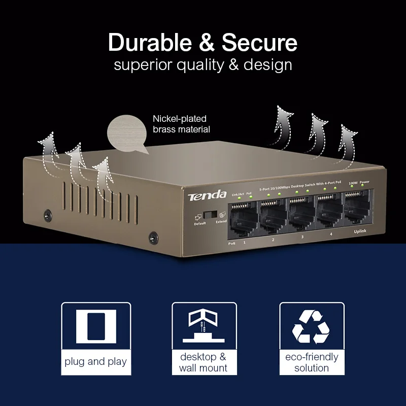 Сетевой коммутатор Tenda TEF1105P 4 63W Ethernet 10/100 Мбит/с 5 портовый ввод питания POE 51 в 1 25 А