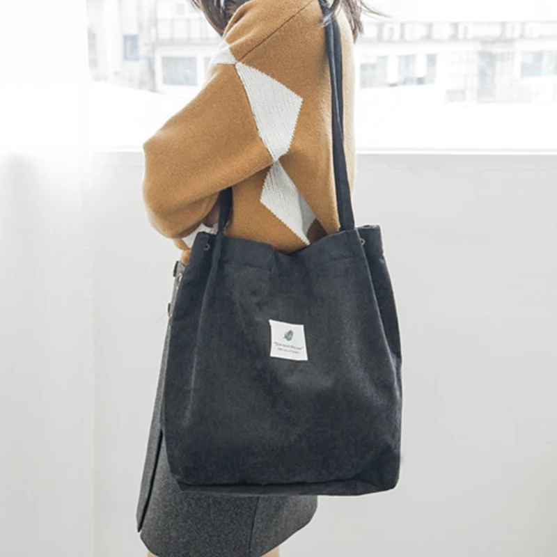 

New Fashion Corduroy Women Shoulder Bag with Snap Button Large Capacity Ladies Handbags Cotton Lining Durable Hand Bags