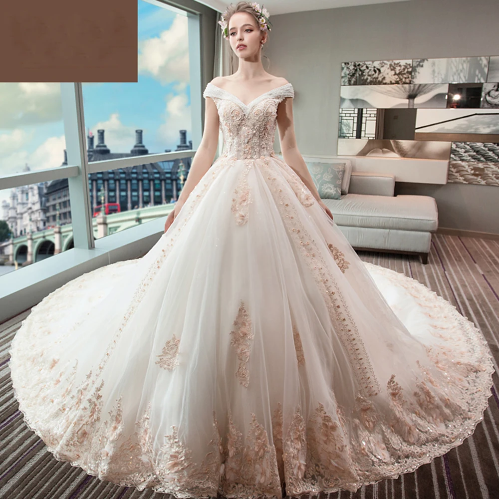 

Gelinlik V-neck Tulle Wedding Dresses Beading Pearls Sexy Robe de Mariee Hand Made Flowers Trouwjurk Luxury Suknia Slubna