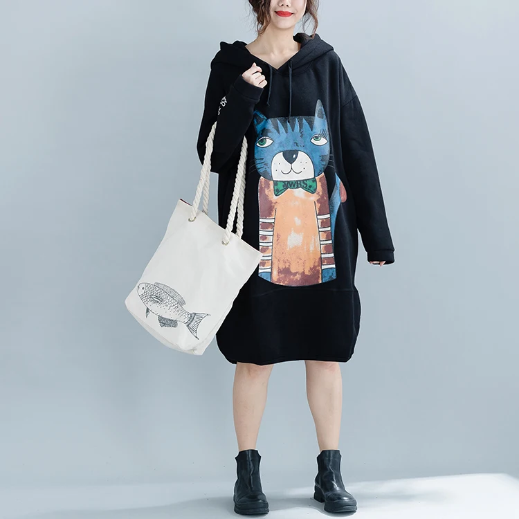 

Plus Size Fall Winter Women Vintage Casual Cute Cat Print Tops Ladies Female Large Warm Thick Fleece Hooded Sweatshirt Dress