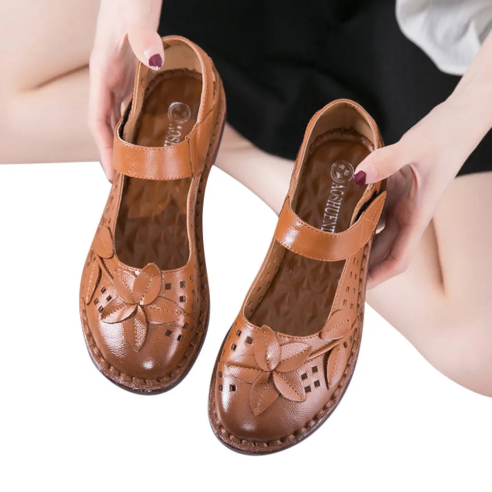 2019 Women's large size sneakers casual comfort soft leather flower hook ring shoes flat non-slip sneakers sport for ladies 40J5 (5)