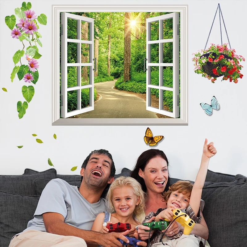 

[SHIJUEHEZI] Tree Boulevards 3D Landscape Wall Sticker PVC Material DIY Fake Window Mural Art for Living Room Bedroom Decoration