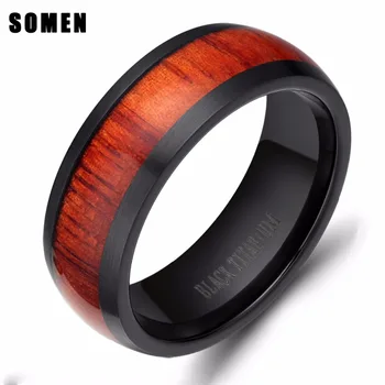 

Brand 8mm Mahogany Wood Ring Men Dome Black Titanium Engagement Rings Wedding Band Fashion Male Jewelry Not Fade Comfort Fit
