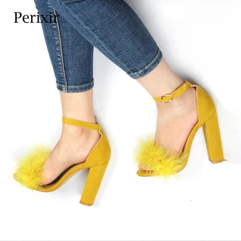 

Perixir Summer Sexy High Heels Women Sandals with Fur Ladies Party Shoes Block Heel Red Black Sandals for Women 2020