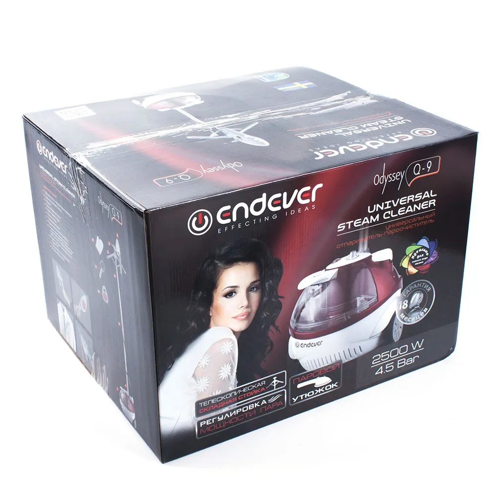 Отпариватель для одежды Endever ODYSSEY Q-9 (Мощность 2500 Вт, Макс давление 4.5 бар, Постоянная подача пара 90 г,мин, Температура пара 110°С, Емкость бачка 2,3 л.)