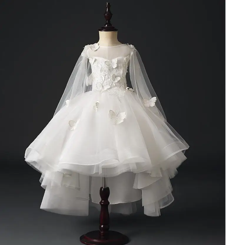 Нарядное белое Тюлевое платье с бабочками и цветочным узором для девочек; вечерние платья принцессы; нарядная одежда для девочек на свадьбу