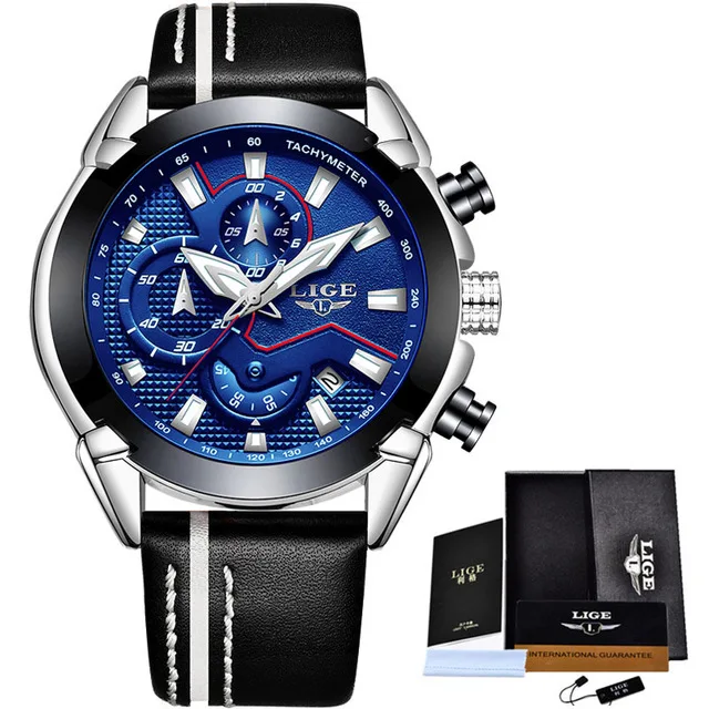 Silver blue Reloje LIGE Брендовые мужские Аналоговые кварцевые часы с хронографом и датой, светящиеся стрелки, водонепроницаемые мужские наручные часы с кожаным ремешком - Цвет: Silver blue