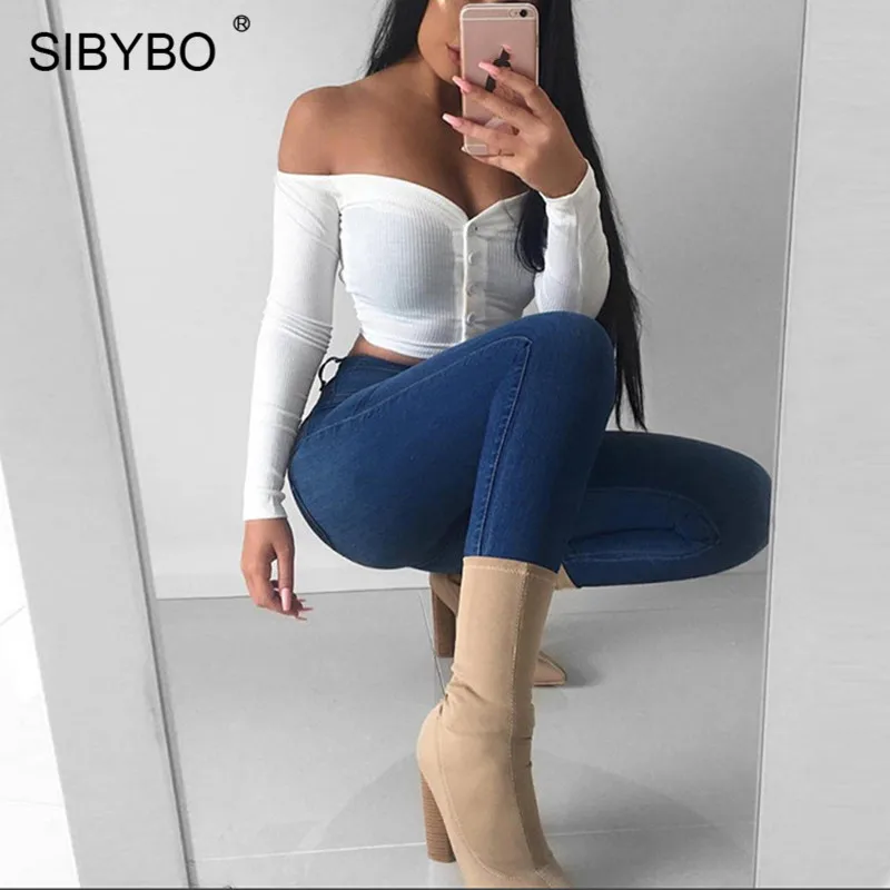Женский короткий топ Sibybo с длинным рукавом и вырезом лодочкой|Футболки| |