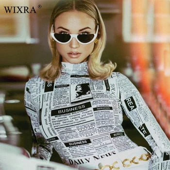 

Wixra 2019 New Womens Clothing Long Sleeve Turtleneck Bodysuits Slim Newspaper Print Playsuits For Female