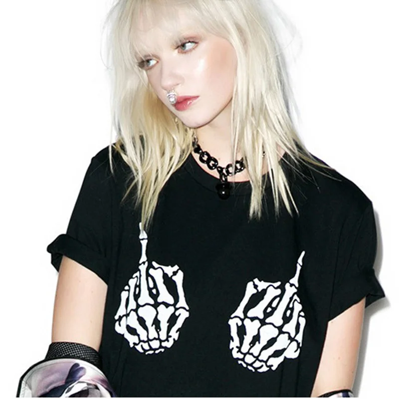 

Punk Style Hip Hop Women T Shirts Summer Short Sleeve Shirt Female T-Shirt Rock Skull Skeleton Hand Print Gothic Party Tshirt