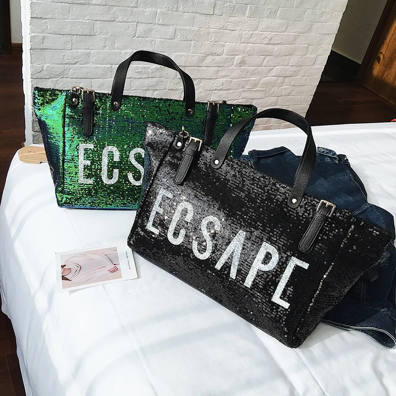 

Brand Fashion Casual Women Shoulder Bags Bling Bling Gillter Tote Bag Letter Embroideried Handbag PU Leather Female Big Ladies H