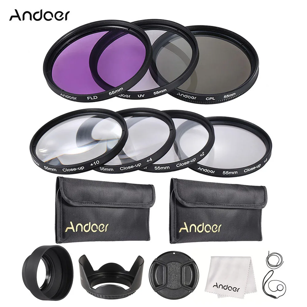 

Andoer 55mm Lens Filter Kit UV + CPL + FLD + Close-up(+1+2+4+10) Filter Set with Carry Pouch Lens Cap Holder Hood Cleaning Cloth