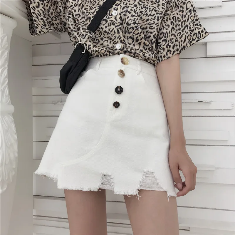 BGTEEVER Summer White Ripped Holes Single Breasted Denim Skirts Slim