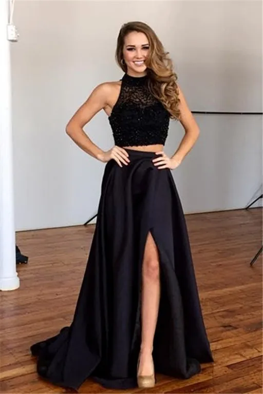 Clarisse Beaded High Neck Two-piece Gown in Black Womens Clothing Dresses Formal dresses and evening gowns 
