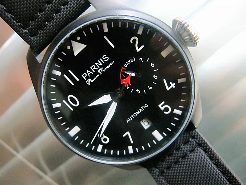 48mm Parnis Fashional Watch Black dial Power Reserve Automatic Pilot s Wristwatch