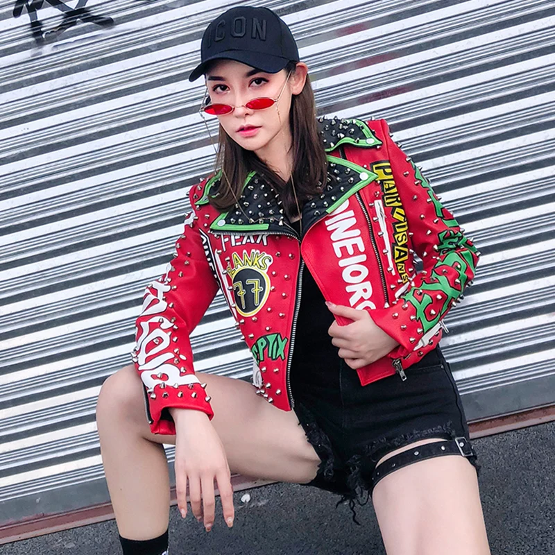 Модная женская кожаная куртка в байкерском стиле из искусственной кожи с заклепками в стиле панк