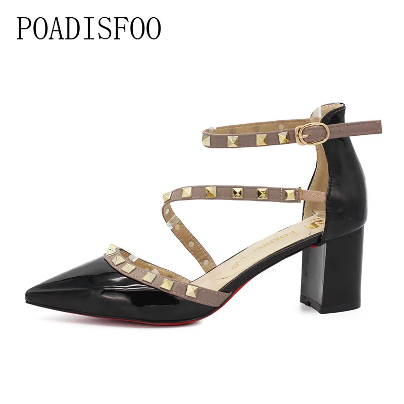 

women pumps fashion new design rivets women sandals comfortable square heels quality high heels summer autumn heels.XL-906