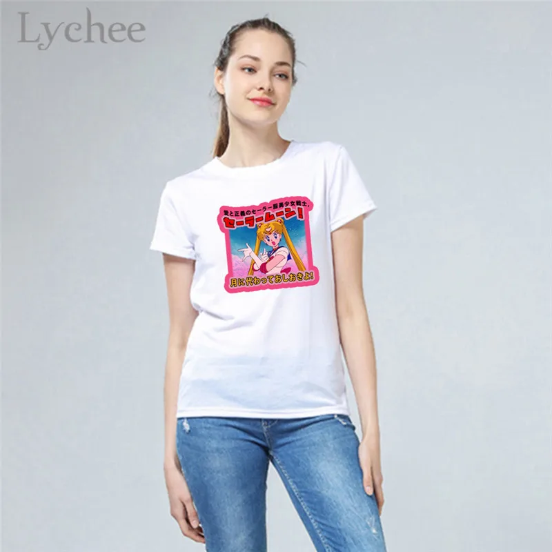 Lychee Harajuku, розовая Женская футболка с изображением окна Сейлор Мун, Повседневная Свободная белая футболка с коротким рукавом и круглым вырезом, женская футболка