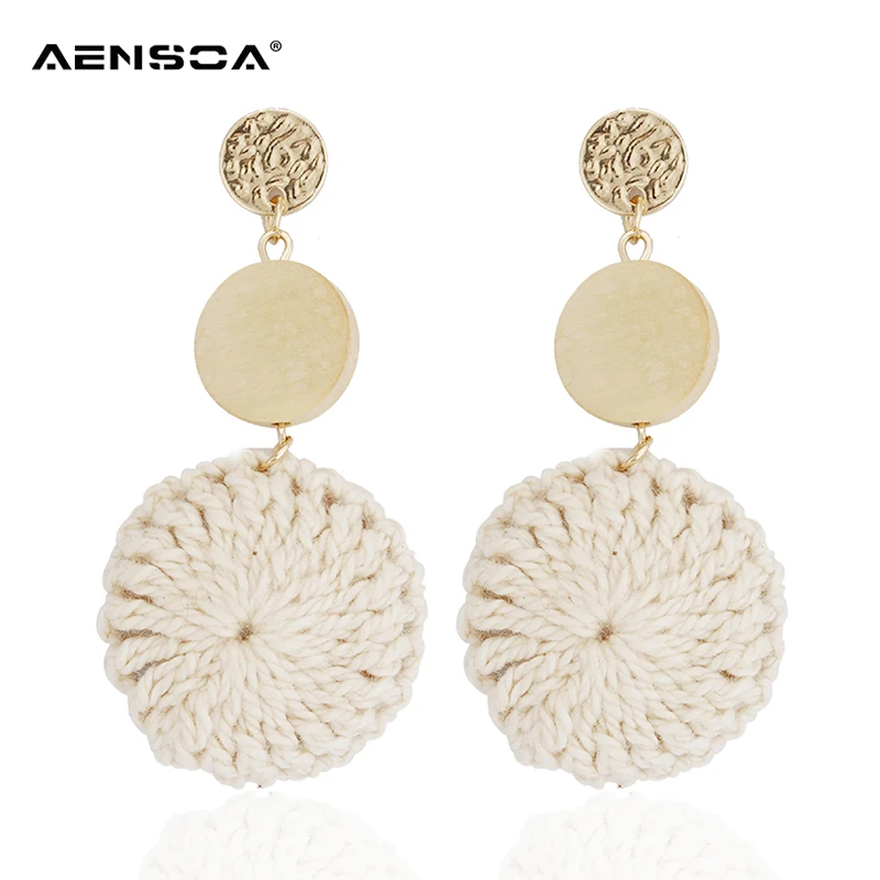 

AENSOA Fashion Handmade Weave Wool Drop Earrings Ethnic Geometry Connection Three Round Circle Dangle Earrings For Women Jewelry