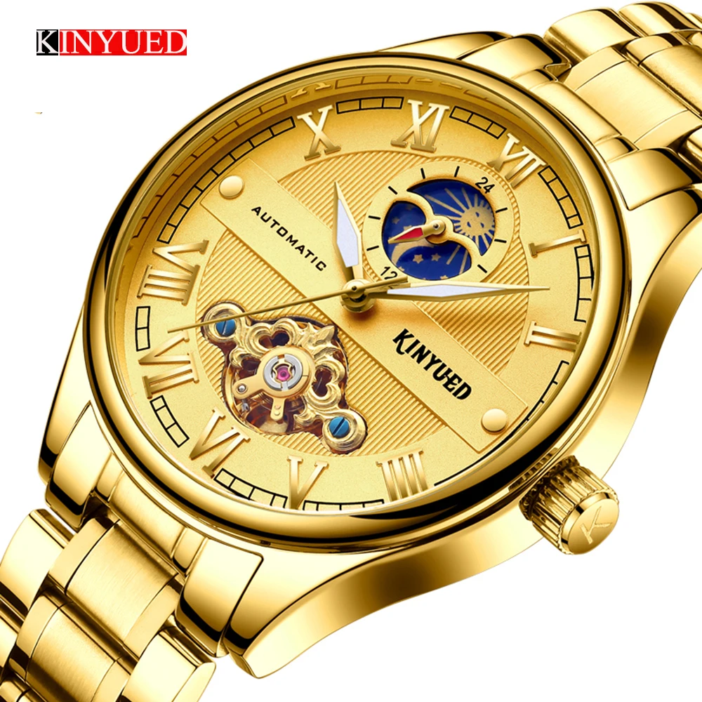 

2019 KINYUED Automatic Watch Men Mechanical Gold Moon Phase Tourbillon Watch Self-Wind Luxury Business Full Steel Homens Relogio