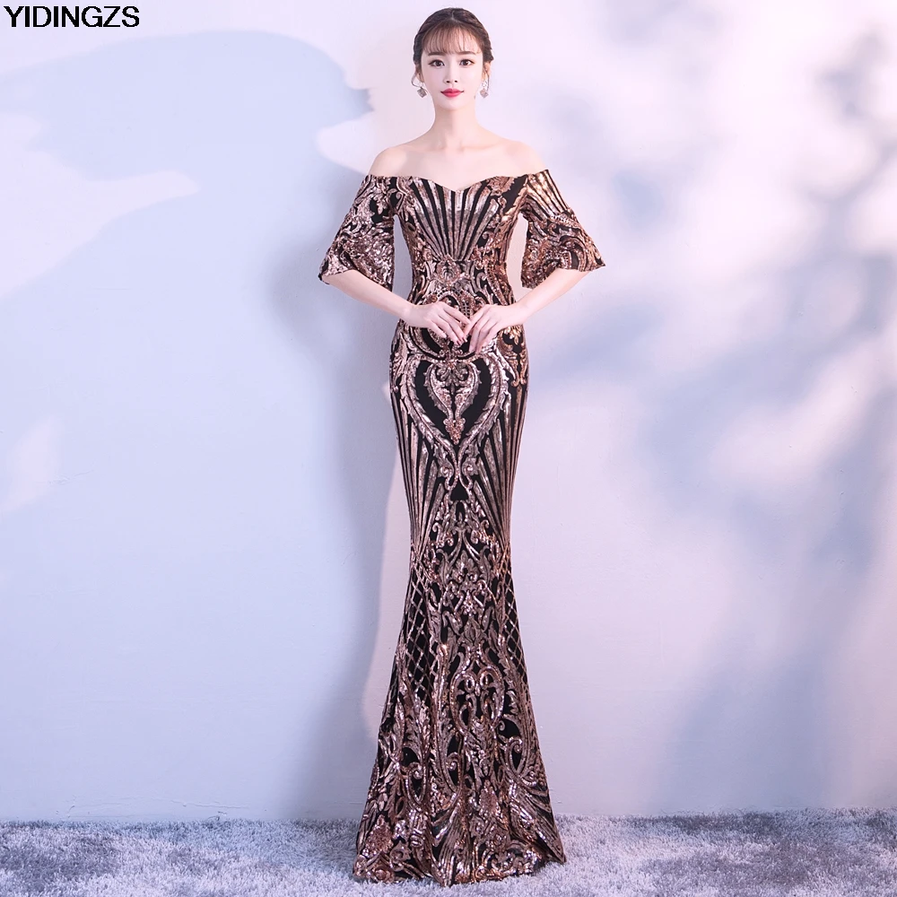 

Robe De Soiree YIDINGZS New Arrive Flare Sleeve Sequins Dress Boat Neck Formal Party Long Evening Dress