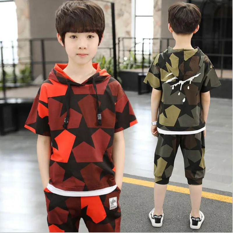 

Children's Red and Green Camouflage Summer Suit 2019 New 5-14 Year Old Boys Active Hooded Short Sleeve+Shorts Two-Piece Set