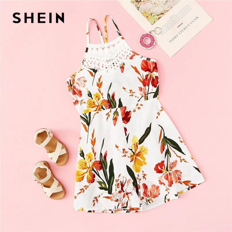 

SHEIN Kiddie Girls Floral Lace Insert Tie Back Vacation Romper 2019 Summer Boho Sleeveless Criss Cross Kids Short Cute Jumpsuits