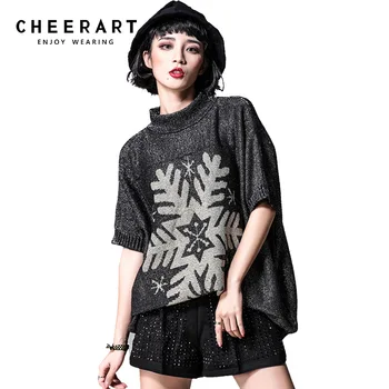 

Cheerart Plus Size Black And Sliver Snowflake Sweater Women Short Sleeve Loose Spring High Quality Women Fashion 2018