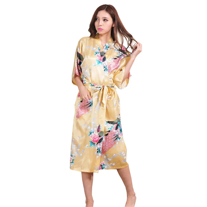 Модные золотые Для женщин Silk район Ночное Sexy кимоно Robe платье цветок Pijama feminino oversize размеры S M L XL XXL, XXXL s001-i - Цвет: Gold