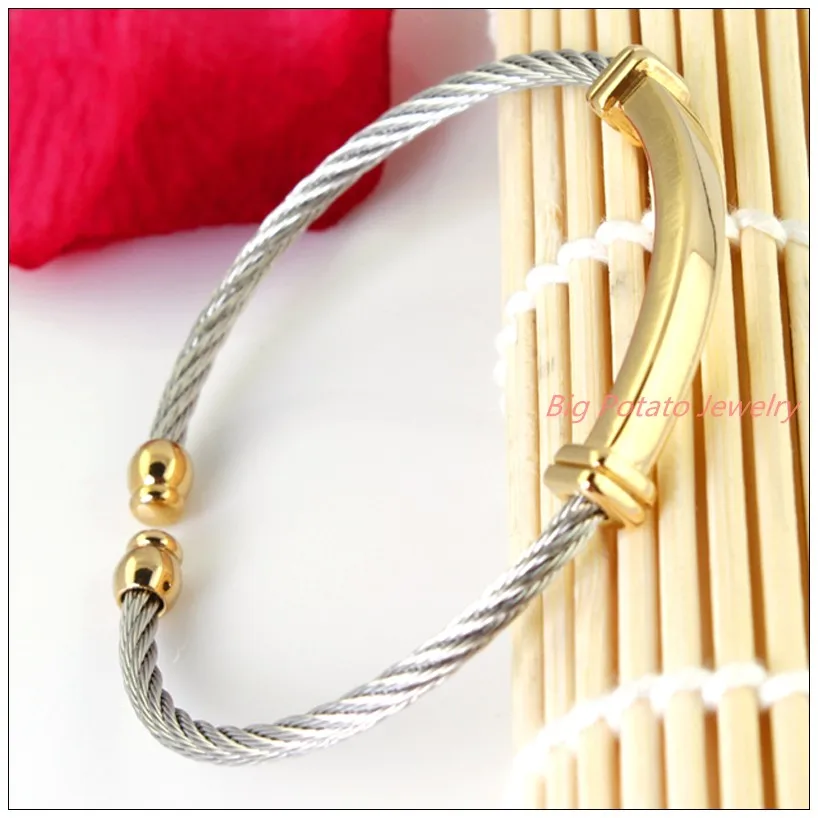

New Charming 316L Stainless Steel Silver Gold Tone Wire Cable Chain Mens Womens Bracelet Cuff Bangle Wholesale /Retail!