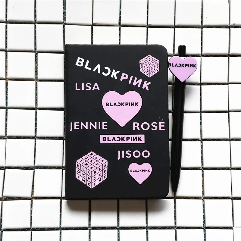 KPOP черно-розовые записные книжки из искусственной кожи LISA ROSE JENNIE JISOO мягкая копировальная розовая шариковая ручка с сердечками блокноты офисные школьные принадлежности Инструменты