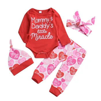 

Kid Baby Girl Clothes Set Letter Print Tee Bodysuit Long Sleeve Jumpsuit+Letter Pant+Headband+Hat 4PCS Bebe Clothing Set Outfit