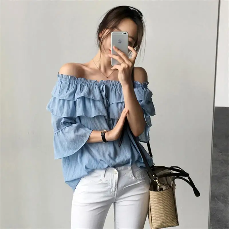 Свободная рубашка с воротником без бретелек на бретельках оборками Женские