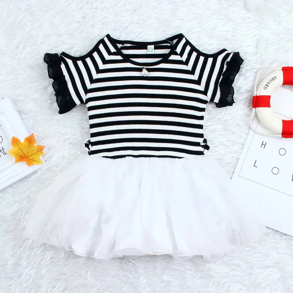 

Summer Short Sleeved Kids Dresses For Baby Girls Princess Party Dress Fashion Black White Stripes Toddler Children Vestidos Wear