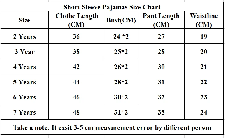Size chart of short  sleeve
