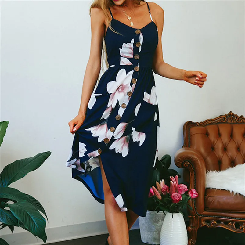 Fashion summer dress 2018 beach dress Women Sexy Printing Buttons Off Shoulder Sleeveless Dress Princess Dress vestido J08#N (2)